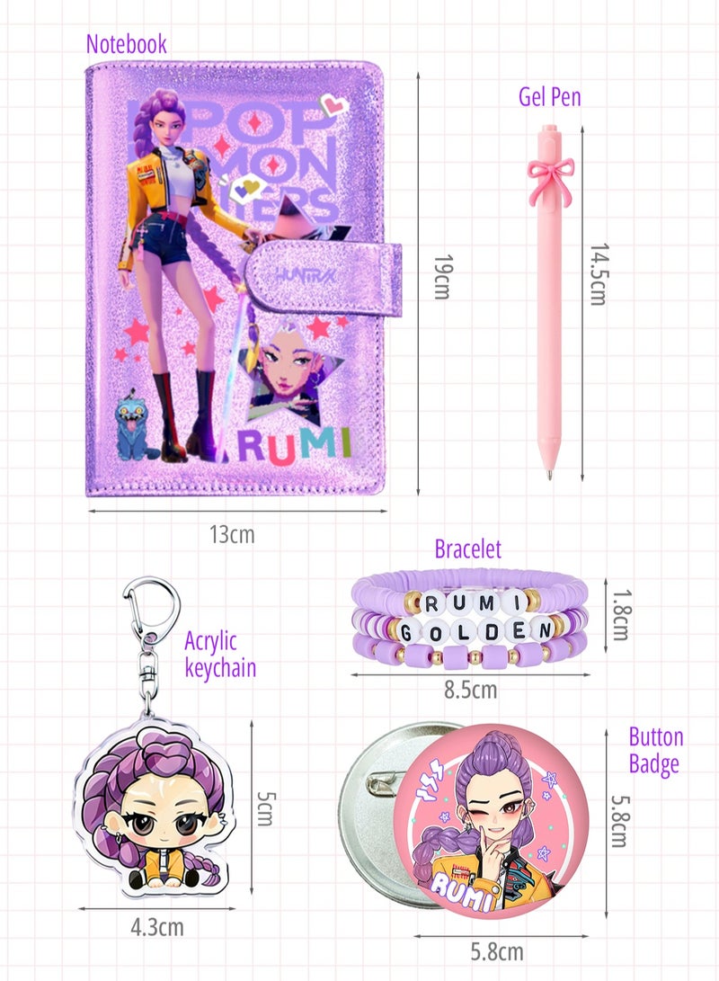 K-pop Demon Hunters Anime Stationery & Accessories Gift Bundle for Girls — Notebook, Bow Gel Pen, Cute Bracelet, Acrylic Keychain, Button Badge - Image 2